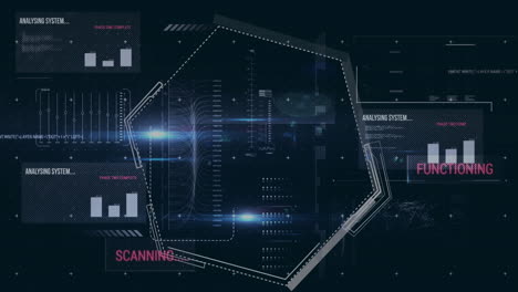 animación de hexágonos sobre gráficos, textos, barras de carga y lenguaje informático sobre fondo negro