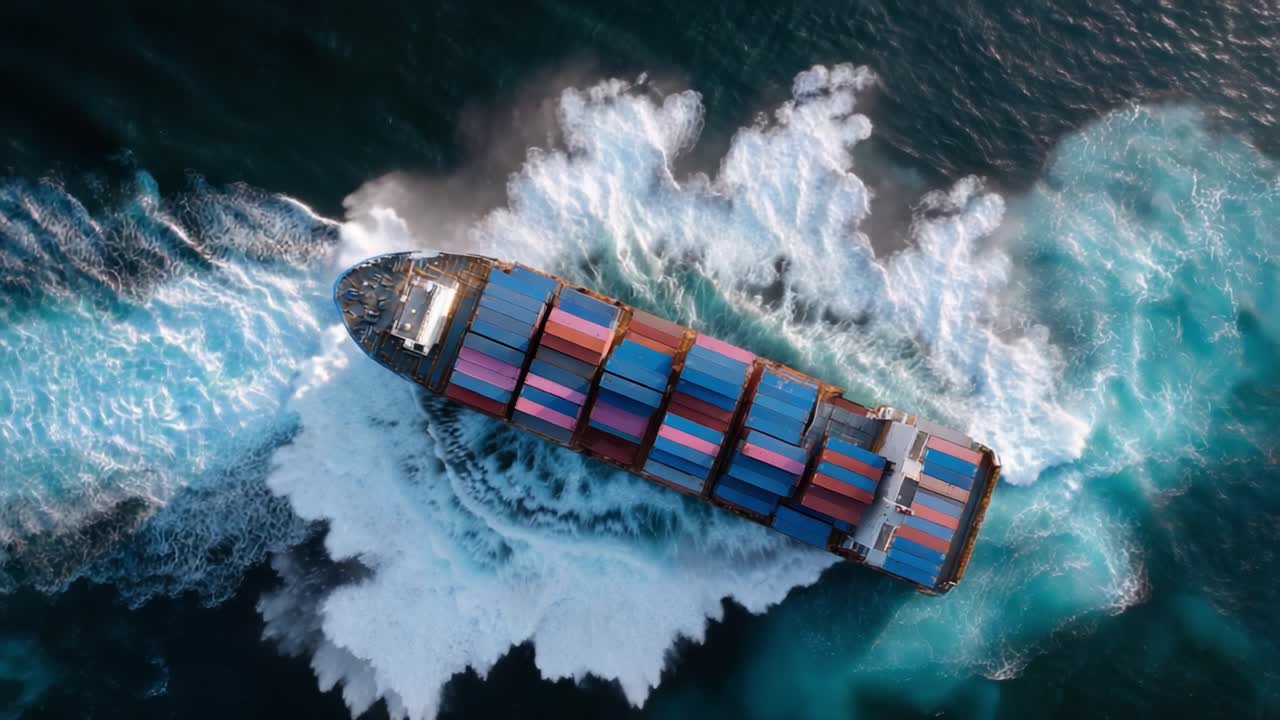 Aerial View of a Container Ship Navigating Through Vibrant Ocean Waves, Showcasing the Dynamic Motion and Colorful Cargo Containers for a Captivating Maritime Experience