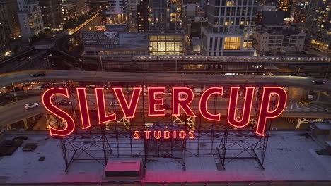 aerial view of silvercup studios at night in new york city