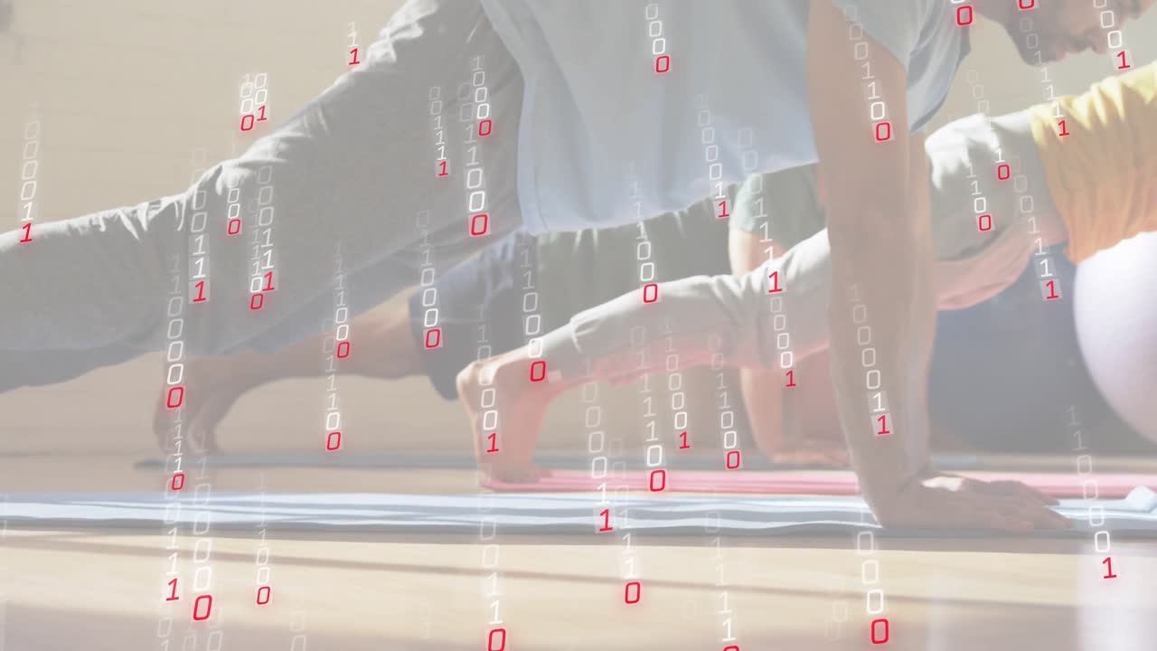 Fitness partners holding low plank causing binary overlay rising during switching plank push-up set