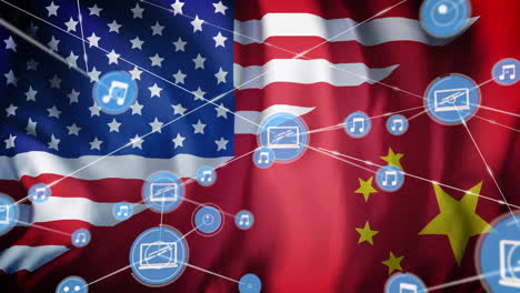 digital communication icons and network animation over usa and china flags