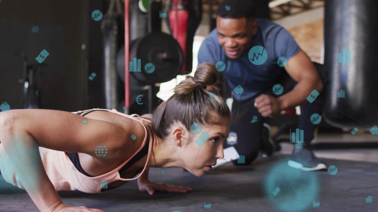 Trainer tapping clip cueing push-up set, client doing steady reps, blue icons tracking form