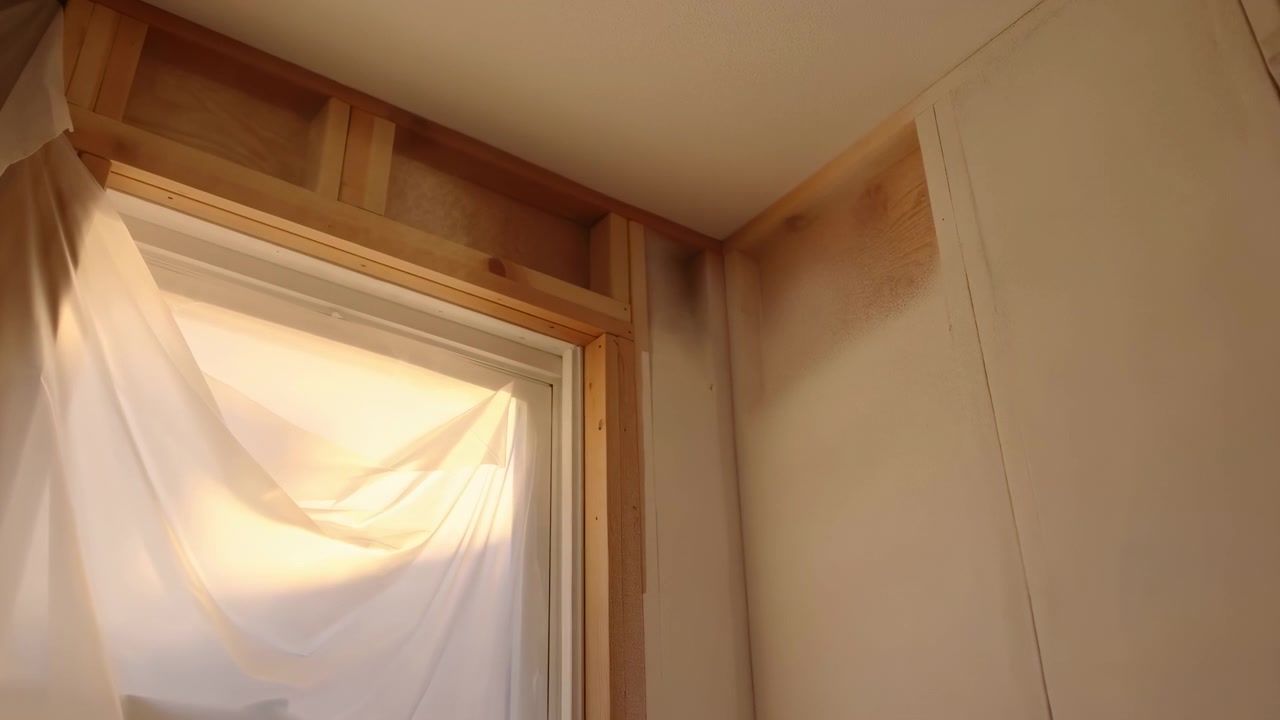 La calda luce del giorno si riversa in un interno in legno non rifinito, mostrando un angolo tranquillo con pannelli a parete, una finestra e una sottile tenda traslucida. Ombre morbide.