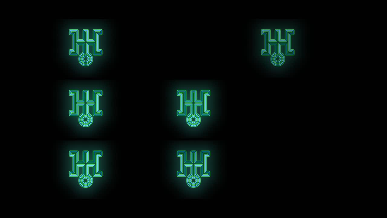 2행의 펄싱 네온 녹색 일본 기호 패턴