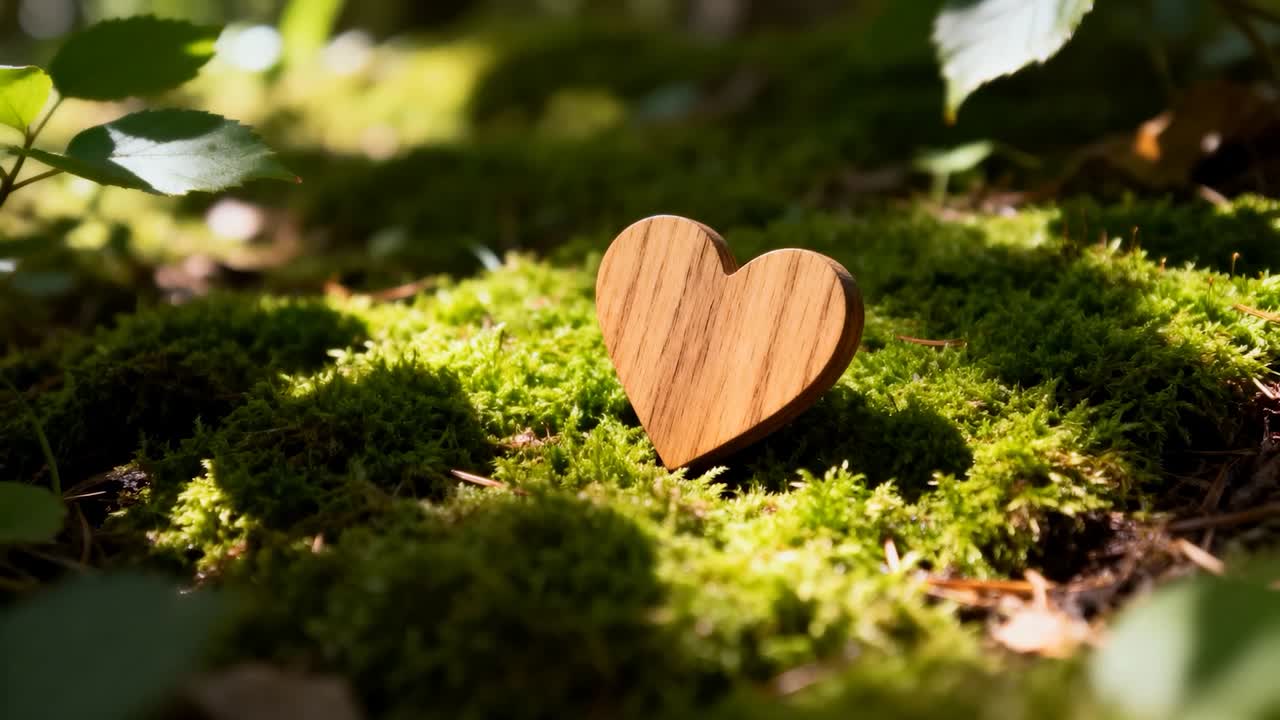Un piccolo cuore di legno che cade e perde l'equilibrio su un letto di muschio, stabilizzandosi sotto la luce solare screziata