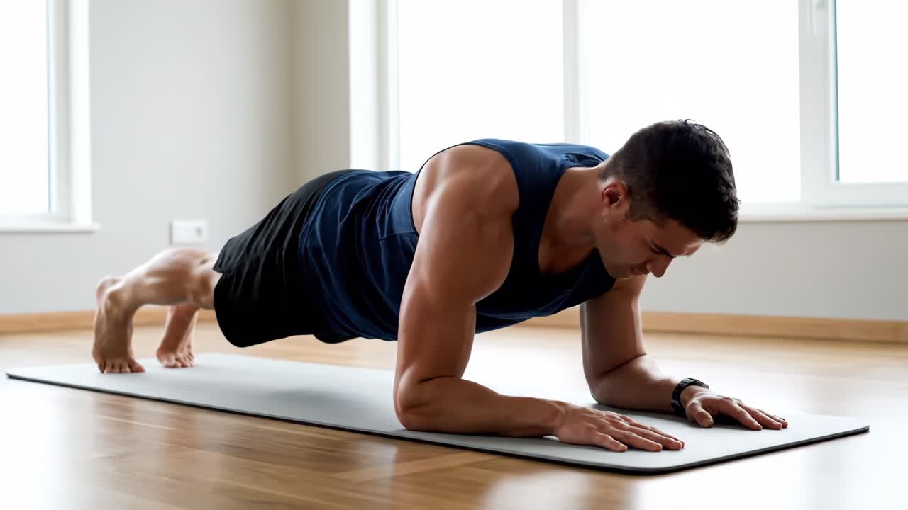 hombre haciendo ejercicio de tabla en casa