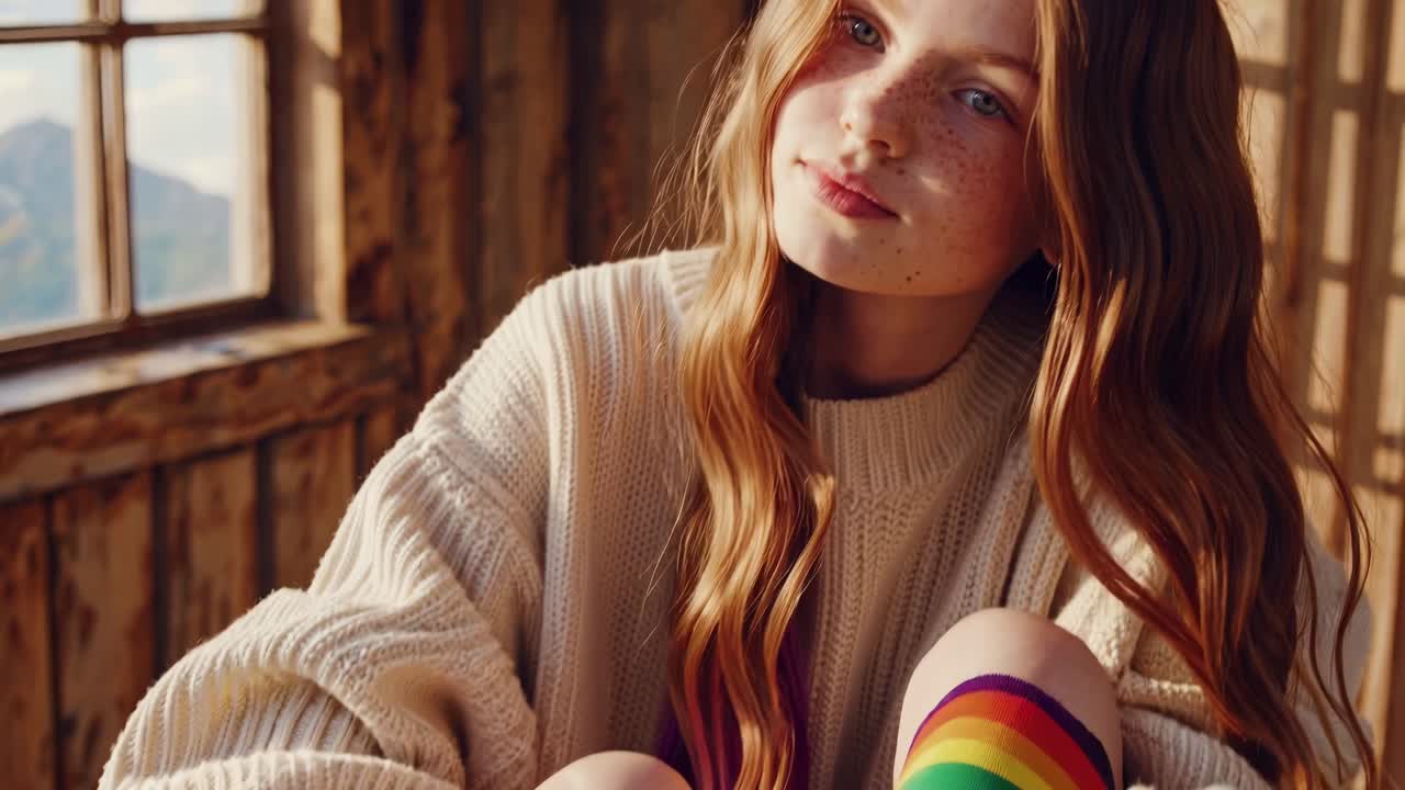 Fashionable teenager showcasing trendy rainbow socks while relaxing in a rustic cabin, enjoying the warm sunlight streaming through a window with a scenic mountain view