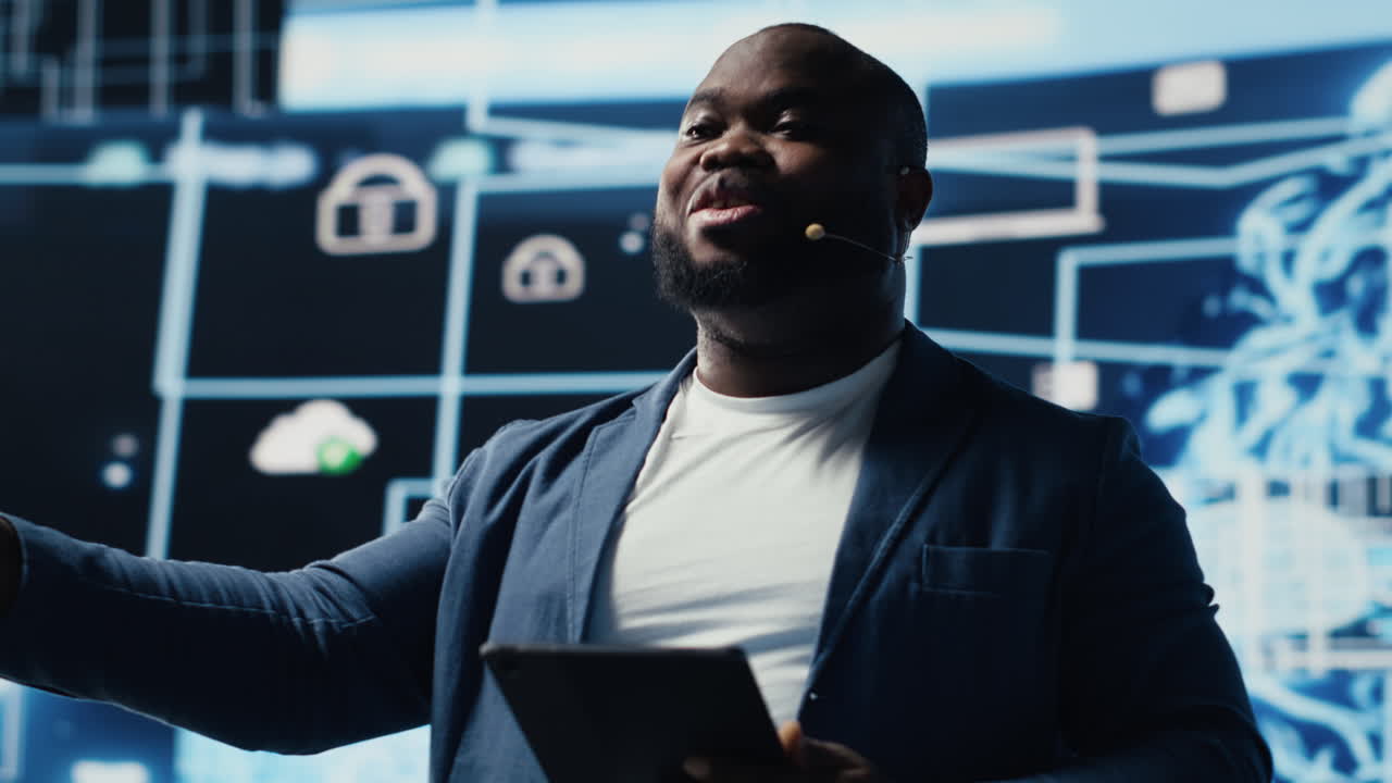 African american IT expert hosting presentation with AI systems for the audience