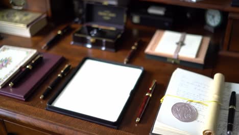 an elegant display of writing instruments and stationery on a classic desk, showcasing fine pens, notebooks, and decorative accessories for elegant writing moments