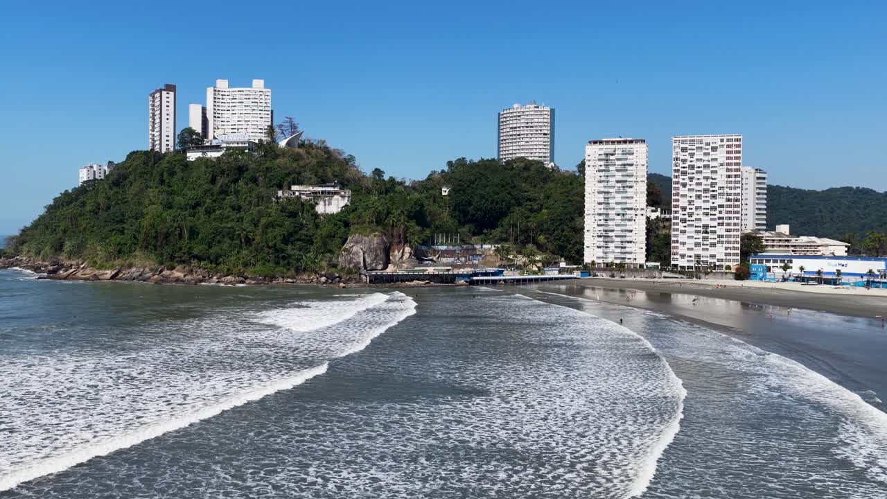 Porchat Island At Sao Vicente In Sao Paulo Brazil. Beach Skyline. Downtown Cityscape. Summer Travel. Porchat Island At Sao Vicente Brazil. Sao Vicente Bay Scenery. Tropical Seascape