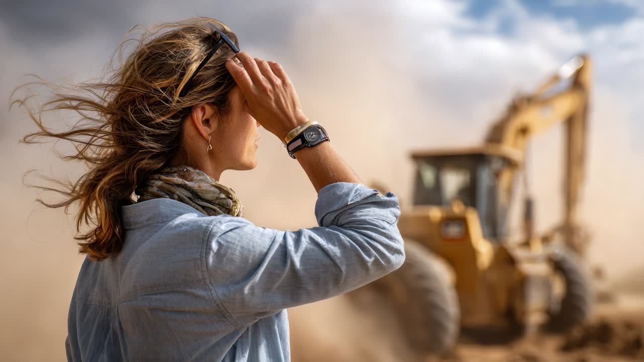 Una donna osserva un cantiere edile con macchinari pesanti tra nuvole di polvere, dimostrando resilienza e determinazione in un ambiente difficile