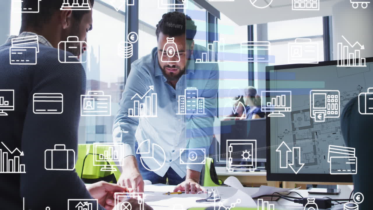 Animation of multiple icons over diverse male architects discussing blueprint in office