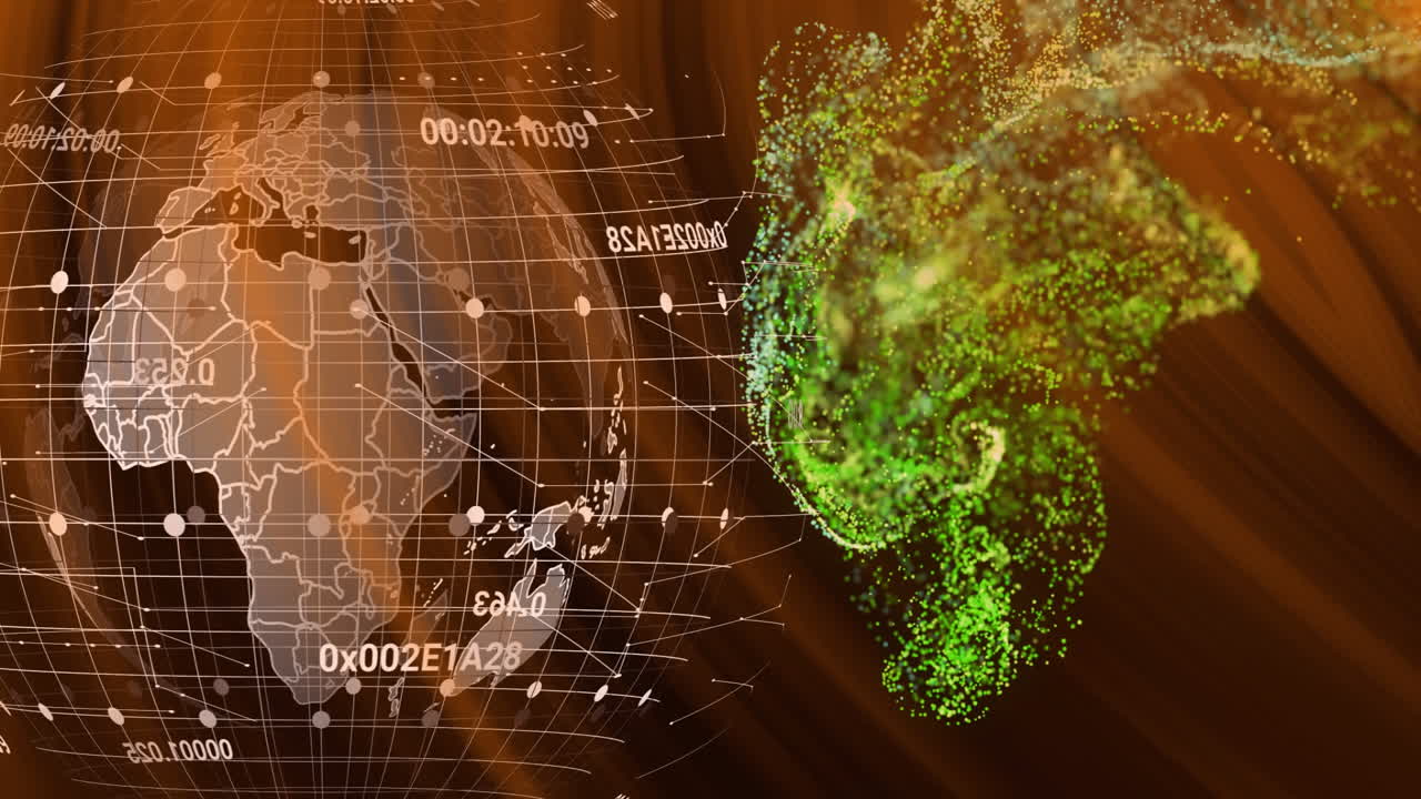 Animation of digital globe with data points and green particle cloud floating