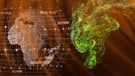 animation of digital globe with data points and green particle cloud floating