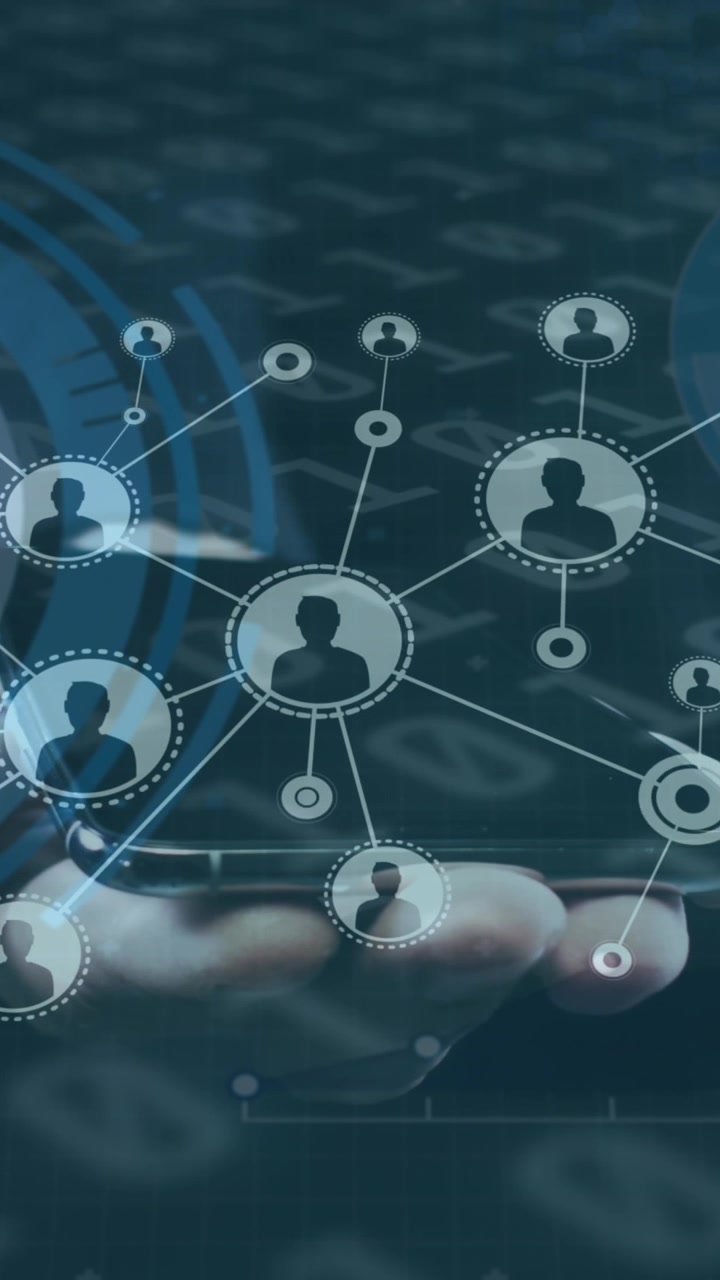 Animation of network of connections with people icons, scopes scanning and binary coding