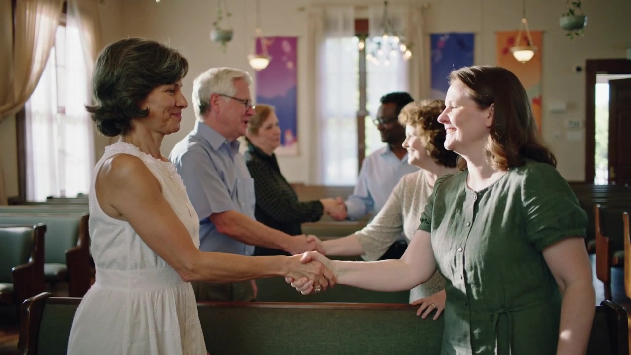 Persone che si alzano e si salutano, stringendosi la mano tra i banchi della chiesa, con donne in primo piano che indossano abiti bianchi e verdi.