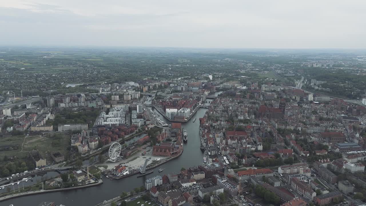 Drone view of Gdansk town and Martwa Wisla river, gloomy day