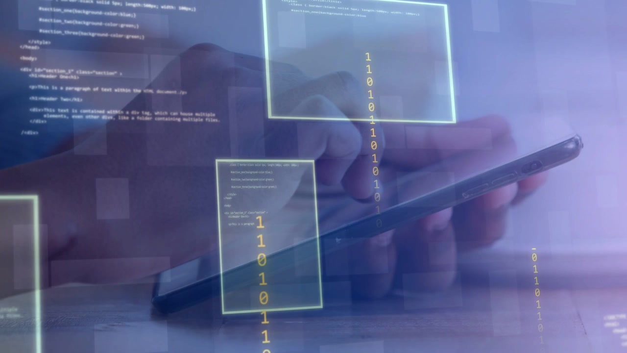 Hands holding tablet thumb poising starting code overlays fingers tapping swiping showing data