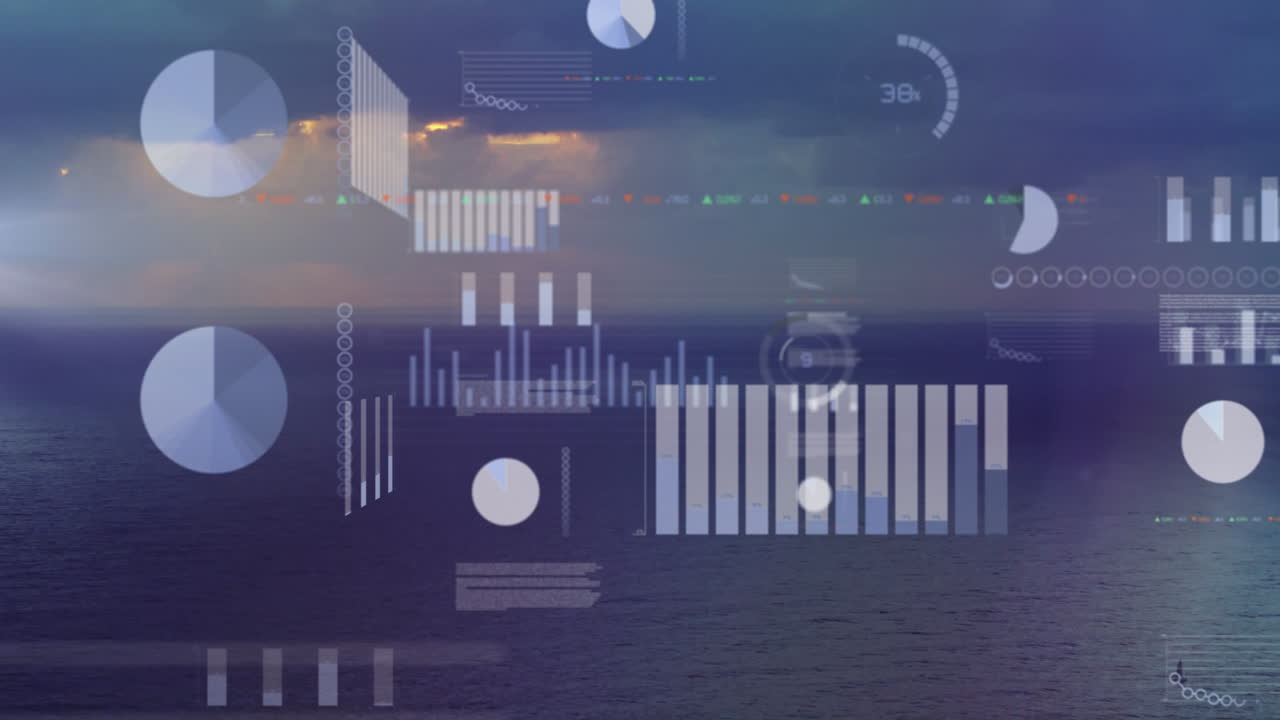 animación de la interfaz infográfica sobre la vista panorámica del paisaje marítimo y el horizonte contra el cielo al atardecer