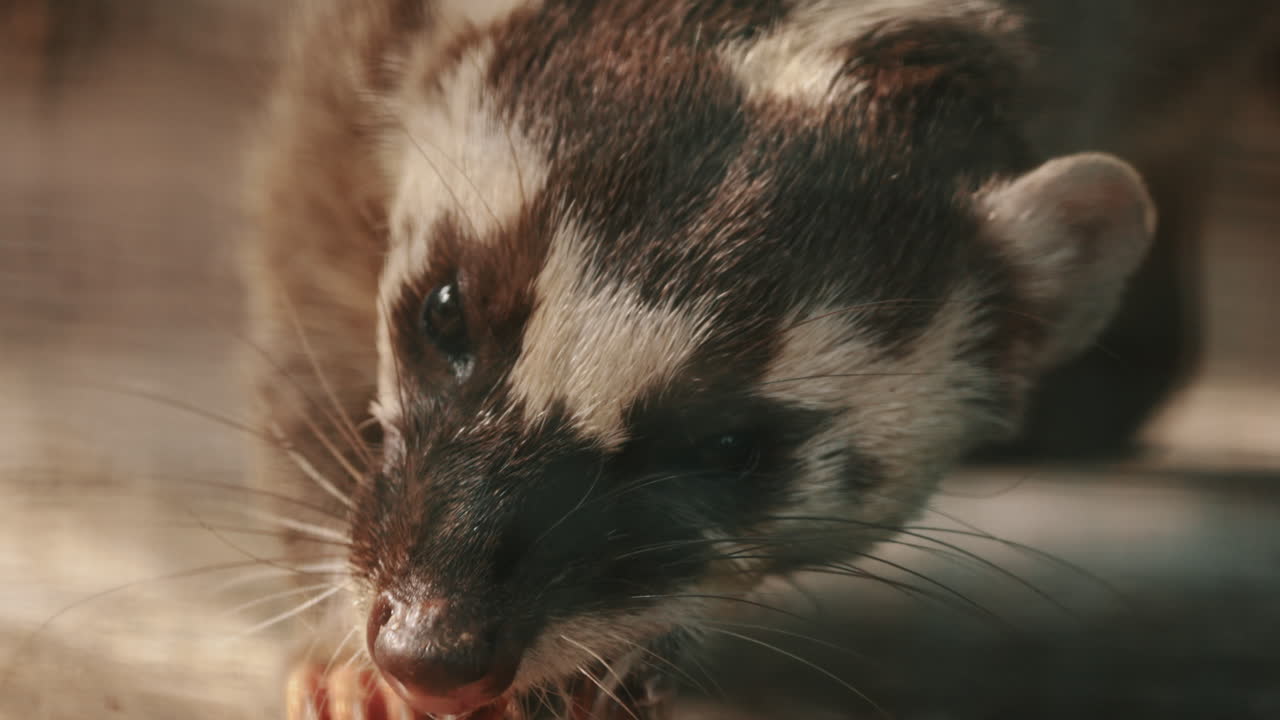 un primer plano de un tejón de hurón chino comiendo su comida.