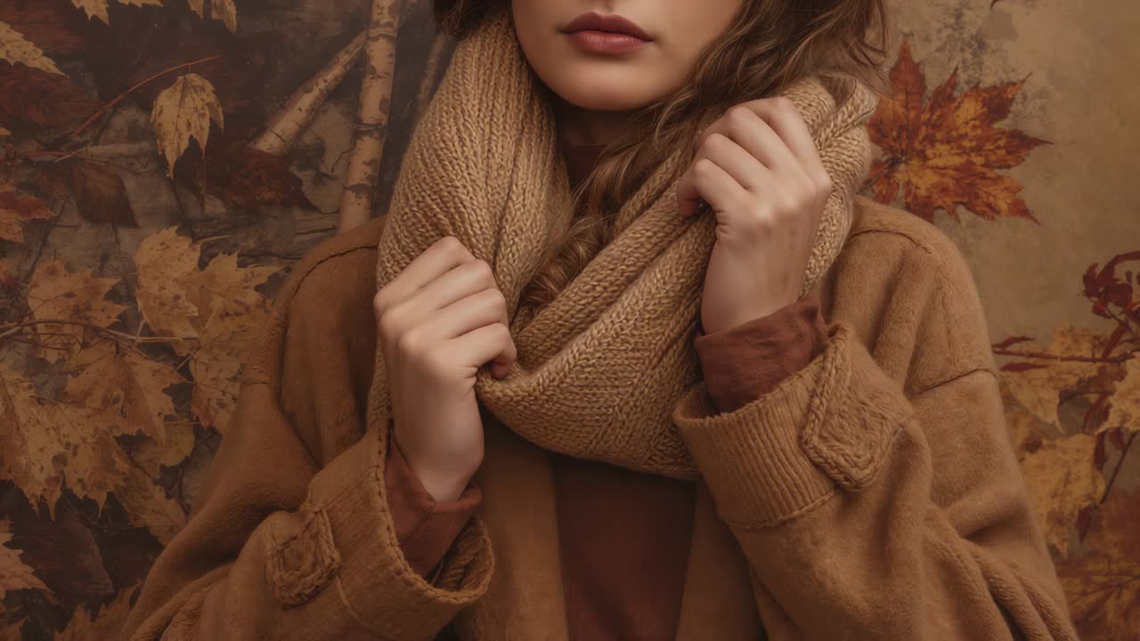 Adjusting woman wrapping beige scarf, posing in tan coat as camera shifting upward in autumn set