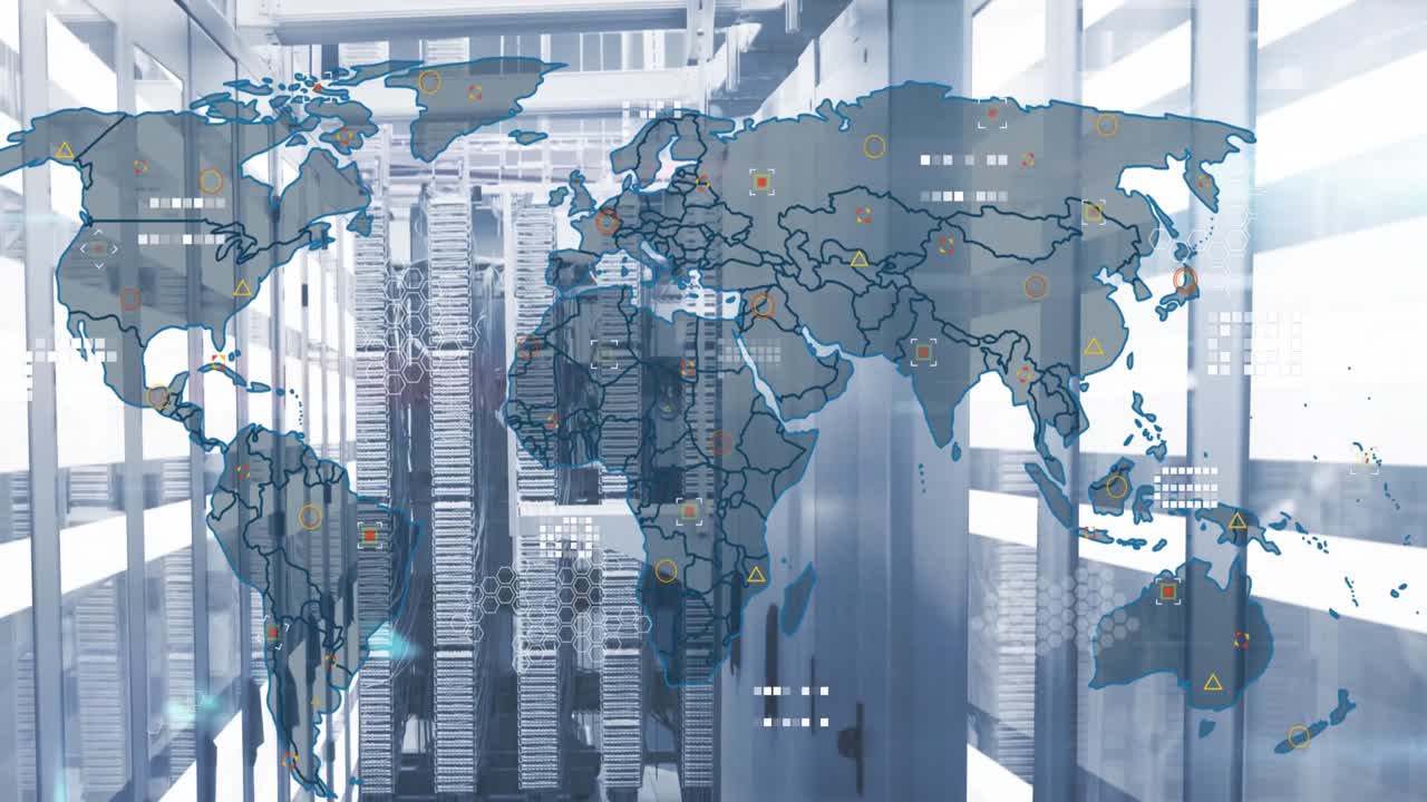 백그라운드에서 데이터 서버 시스템의 회로판 패턴과 바에 대한 지도의 애니메이션