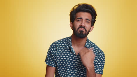 tired serious upset indian man showing pause gesture, stop sign, time out, relax, break, deadline