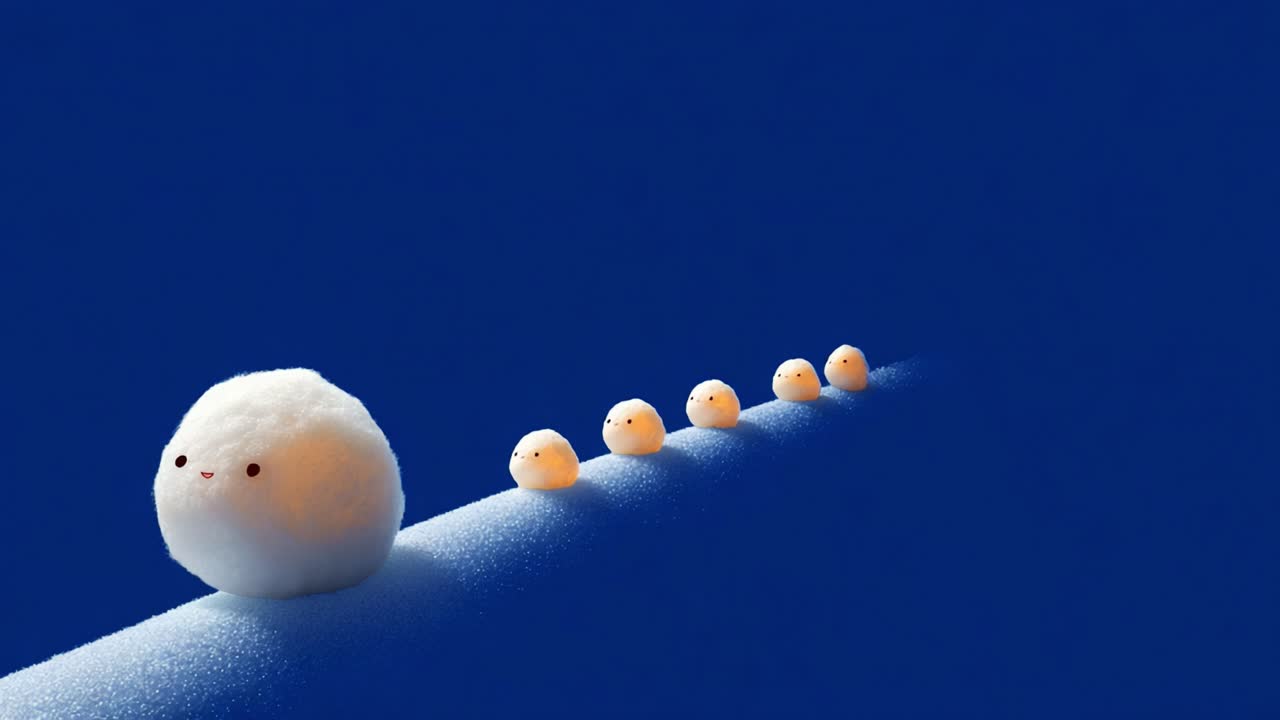 A whimsical and charming journey of cute snowballs rolling along a snowy surface against a vibrant blue backdrop, showcasing their playful expressions and animated interaction