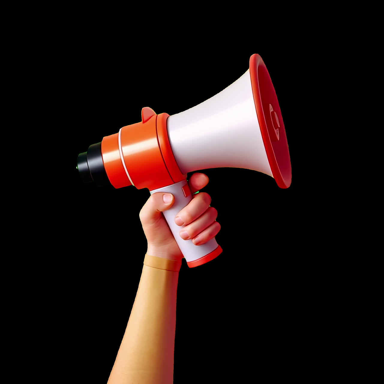 Colorful megaphone in hand animation isolated asset, transparent 4K video, alpha channel, ProRes