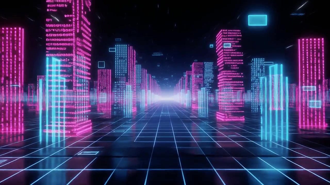 Volando Attraverso una Griglia di Città Digitale Futuristica al Neon