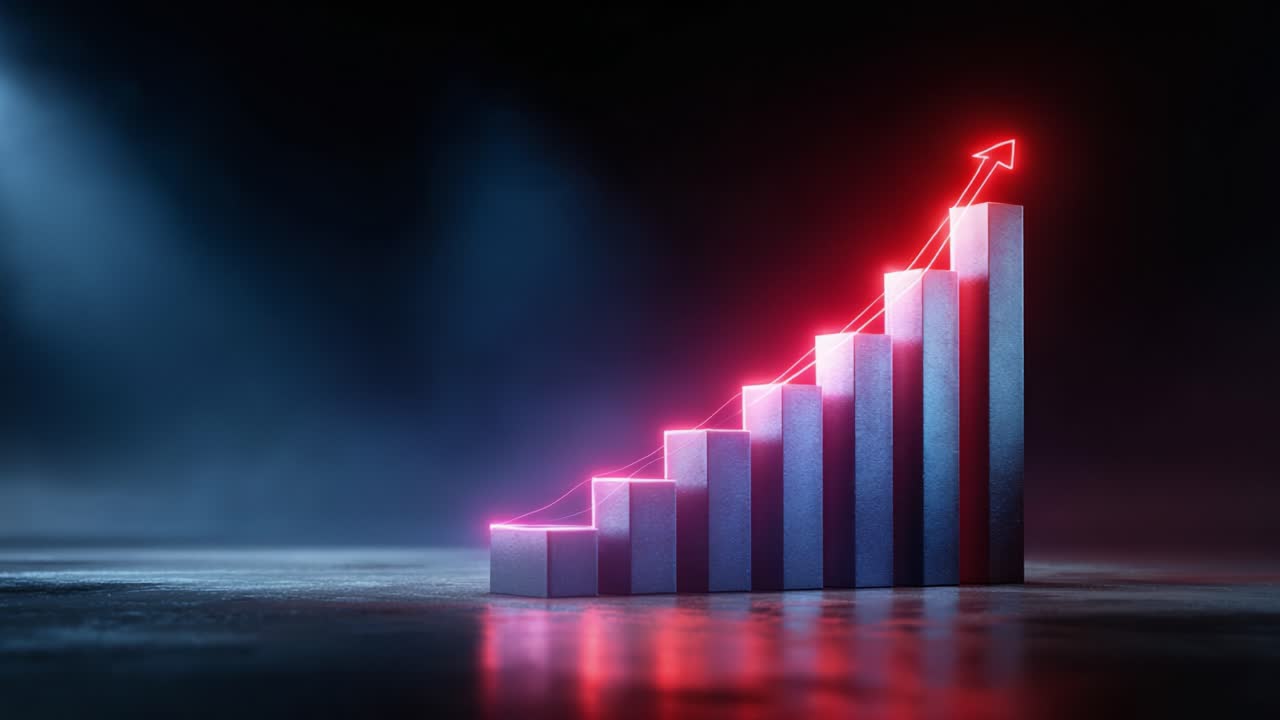 Dynamic Growth Visualization: A Neon-Illuminated Bar Chart Displaying Steady Increase in Metrics Over Time for Analytical Insights