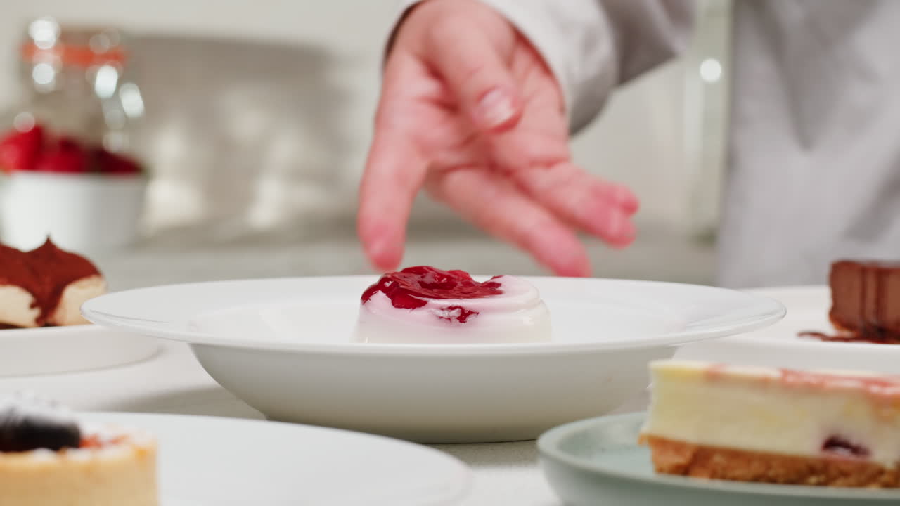 Chef Serving Panna Cotta Dessert
