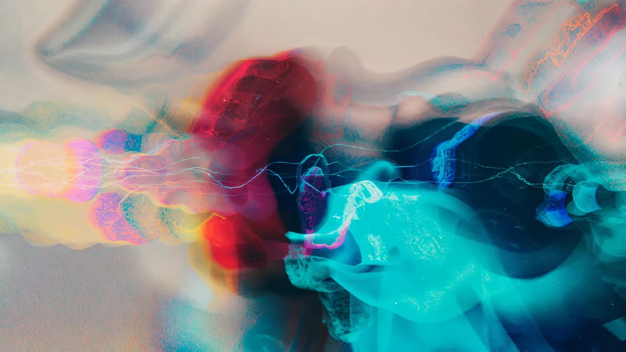 Pulling teal and red pigments, central rotating flow creating spiral vortex in shallow container