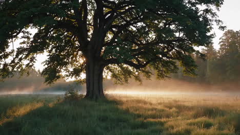 large tree in a misty, sunlit field at dawn