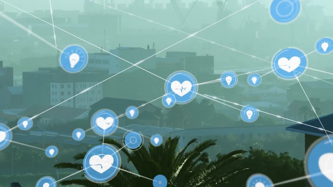 도시 풍경 위의 아이콘으로 연결된 네트워크의 애니메이션