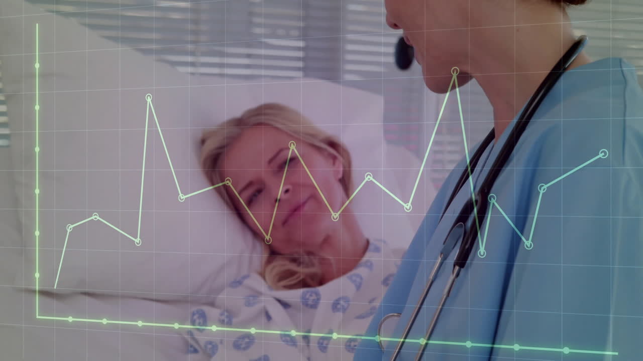 Animation of diagram over caucasian female doctor talking with patient