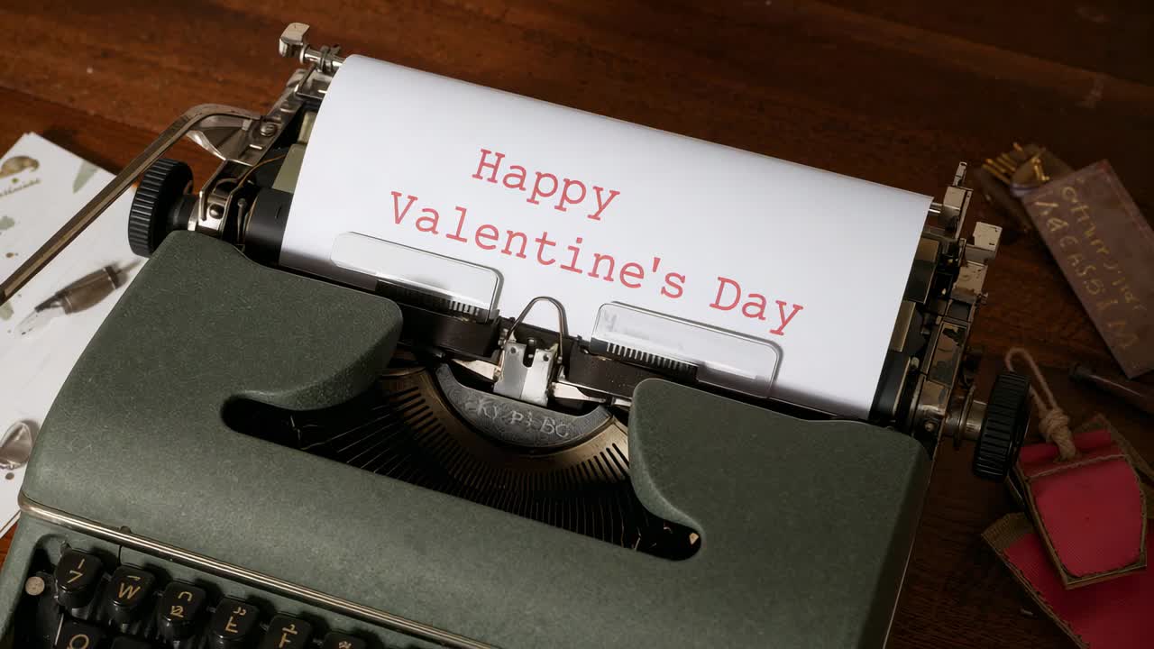 Rotating platen rolling green typewriter paper on wooden desk, showing 'Happy Valentine's Day'