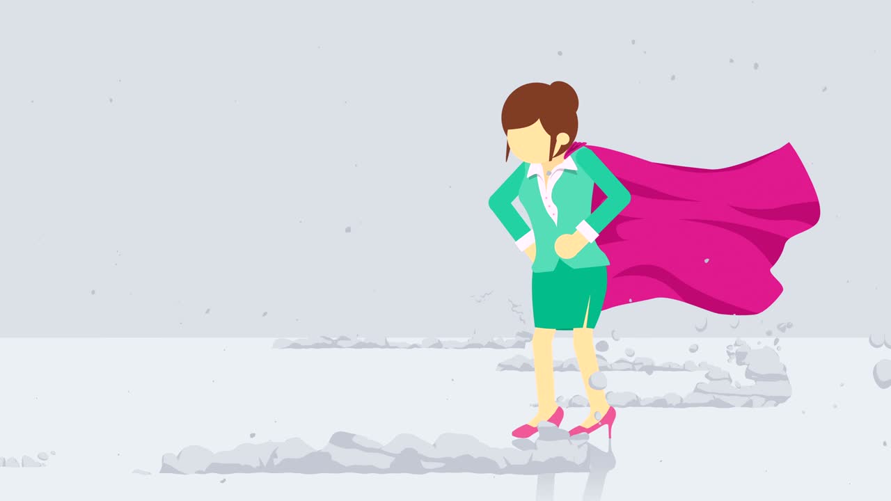 Supereroe in piedi vicino a una nuvola di polvere. Simbolo di donna d'affari. Concetto di leadership e sfida. Animazione in loop in stile fumetto