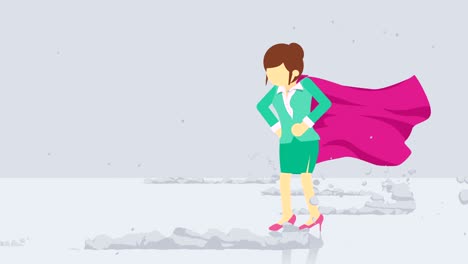 superhéroe de pie cerca de una nube de polvo. símbolo de mujer de negocios. liderazgo y concepto de desafío. animación de bucle cómico.