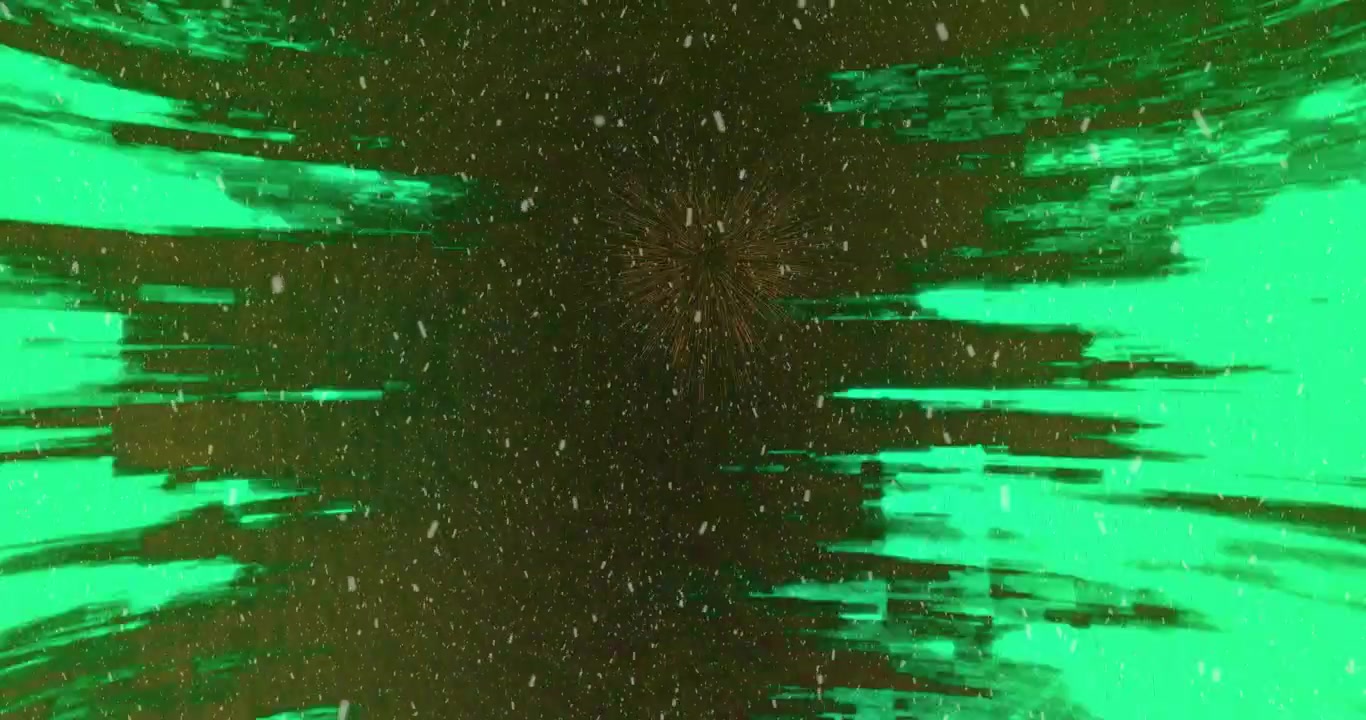 Campo di puntini bianchi che cadono, centrando una colonna con strisce verde neon che entrano dai bordi, simulando un glitch.