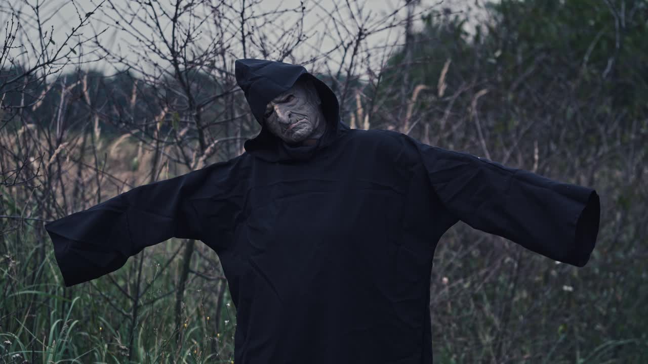 Horror figure in dark costume with hood. Portrait of scary ghost with outstratched arms on nature background. Halloween concept.
