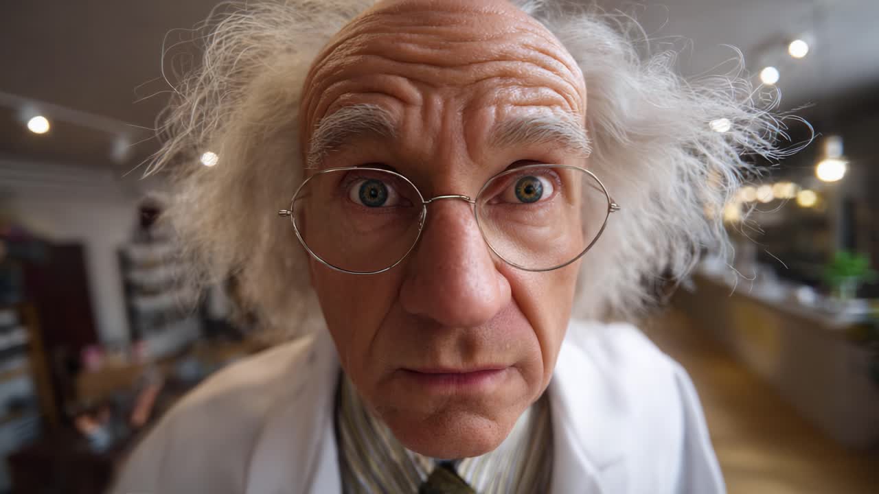 Neugierige/r WissenschaftlerIn mit wilden Haaren und überraschtem Gesichtsausdruck, der/die Faszination in einer Laborumgebung mit dynamischer Atmosphäre und einnehmender Präsenz demonstriert