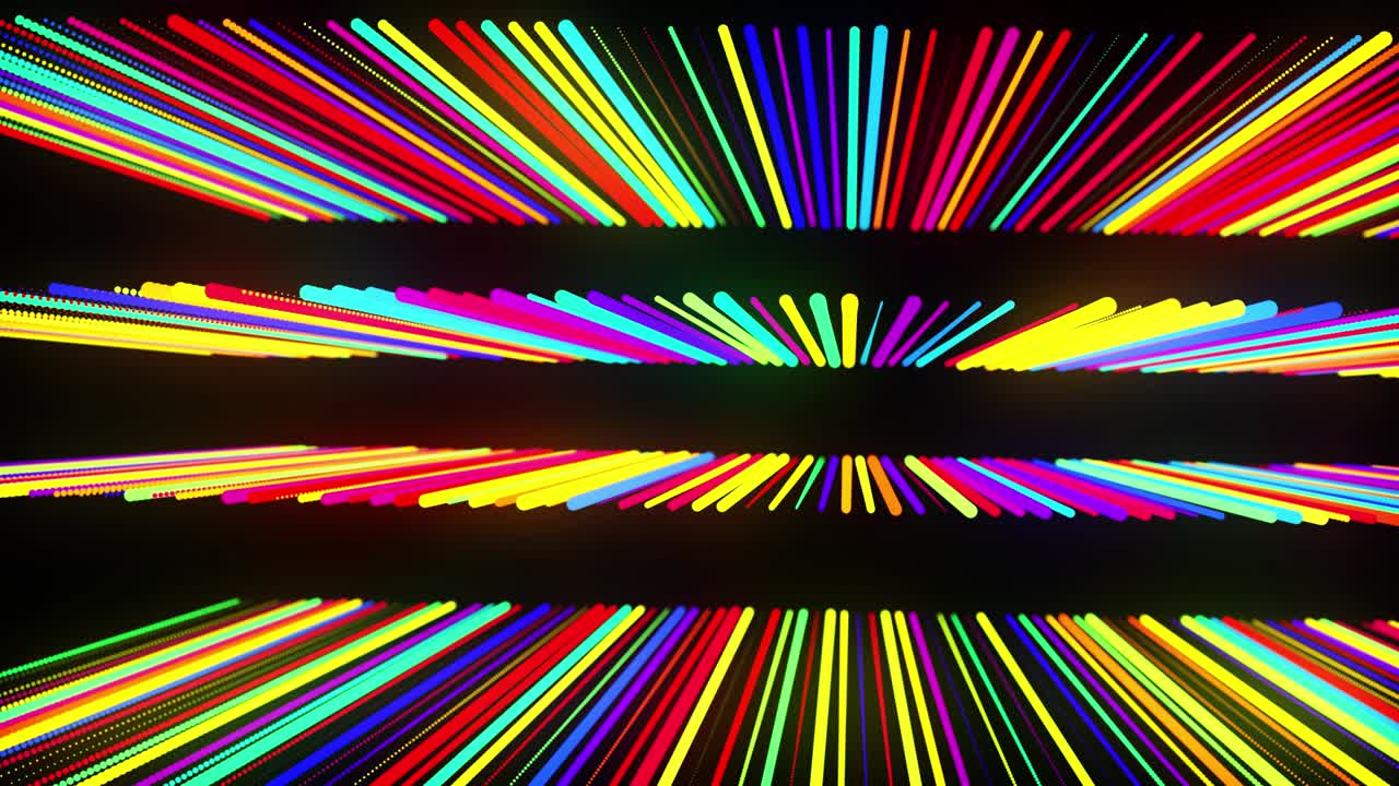 un bucle festivo con partículas multicolores y una cámara animada suave. un fondo de bucle 3d abstracto con partículas de brillo alineadas en una fila a lo largo de líneas en el espacio 3d. un trasfondo de diseño de movimiento.