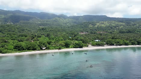 tropical coastline with clear water and lush green mountains in the background