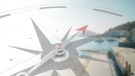 animation of compass moving over boats at coast and port