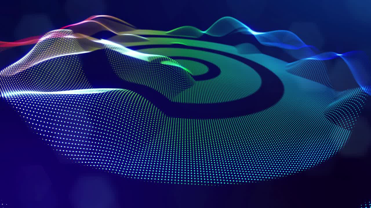 blue high tech bg with glow particles form complex stripe structure. 3d looped sci-fi bg digital space, particles form lines and surface waves. Concept of hi-tech information flow, blockchain. DOF