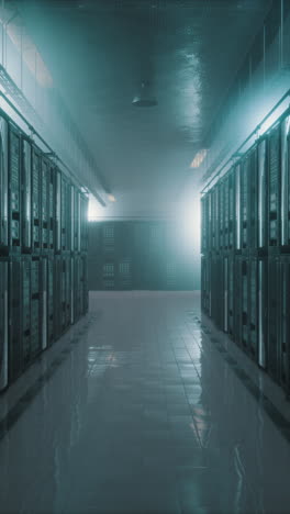 modern server room with glowing fog
