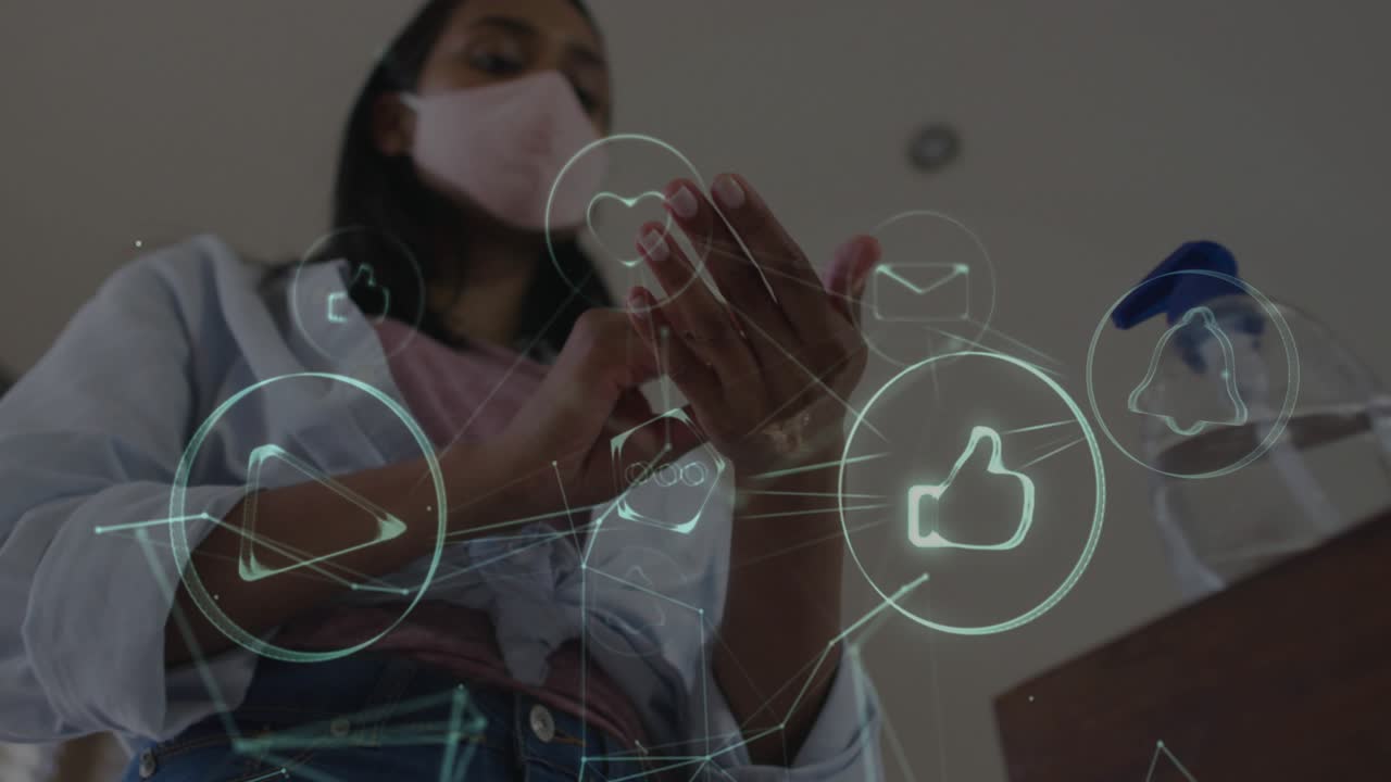 Woman tapping AR heart icon selecting thumbs-up and pinching play icon for social media demo