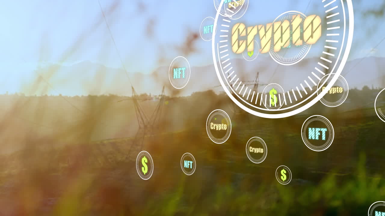 전기 기둥 위에 암호화폐, nft 및 달러 기호를 가진 스 스캔의 애니메이션