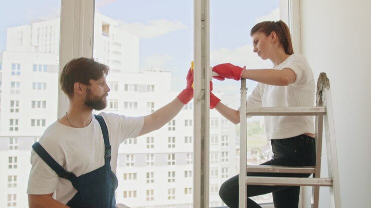 coppia di pulizie di finestre